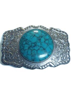 Vintage Nickel-Silver Belt Buckle Floral Engraving Turquoise Stone Accent Bell